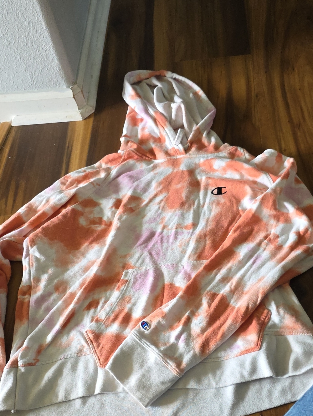 Champion Tie-Dye Pullover Hoodie — White, Peach & Pink Accents